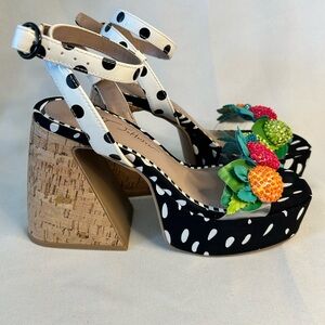 Betsey Johnson Sprite polka Dot Platform Sandals with Beaded fruit Appliqué 7.5